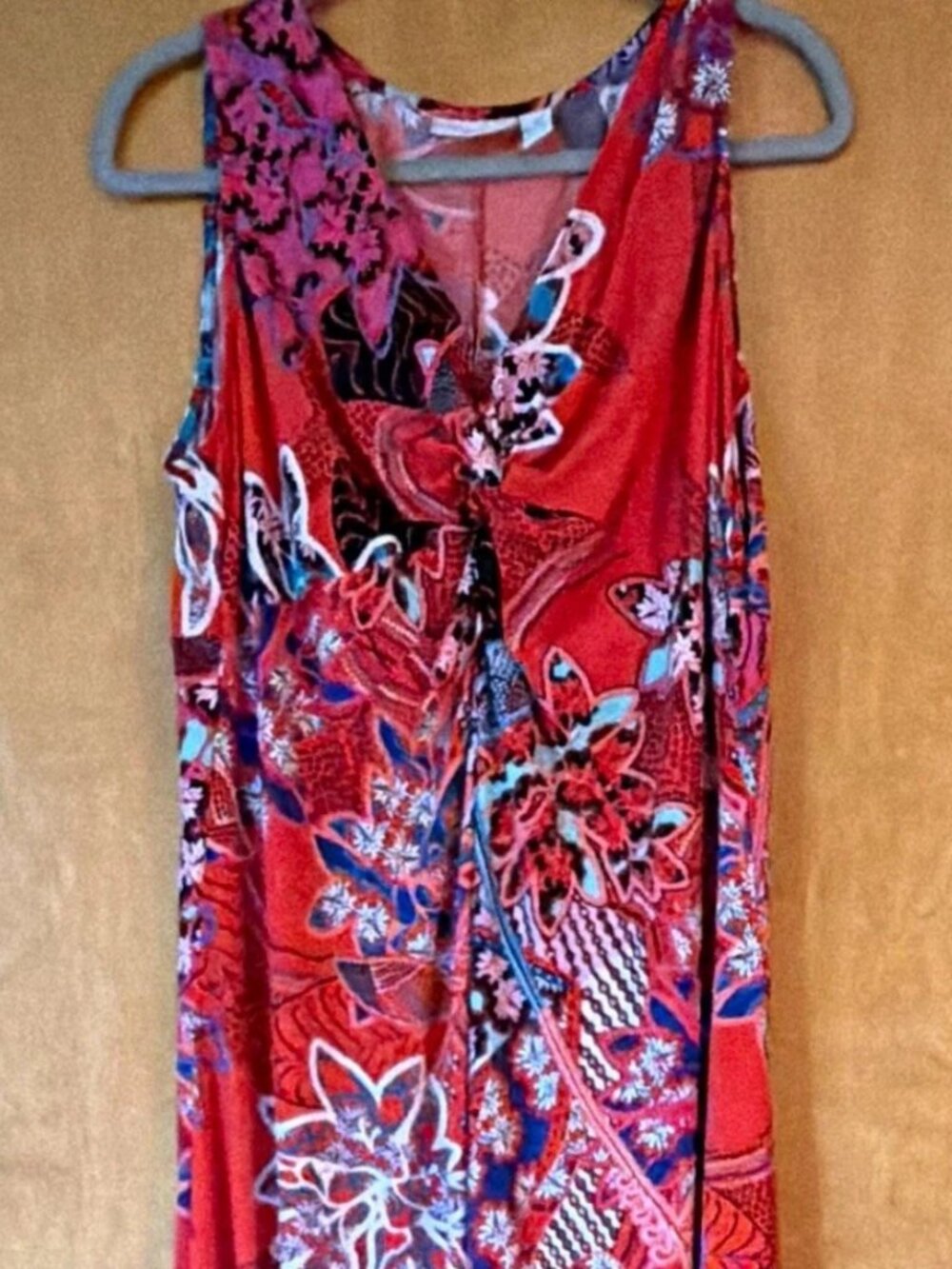 Chico's Women's Red Multicolor Floral Sleeveless V-Neck Midi Dress